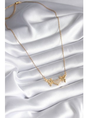 Lokiboo 316L Çelik Gold Renk Zirkon Taşlı Kanatlı Kalp Model Kadın Kolye - TJ-BKO8290