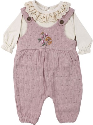 by BebekOdam Kız Bebek Ekru Fisto Yakalı Pudra Triko Salopet Tulum Takım - 1016446