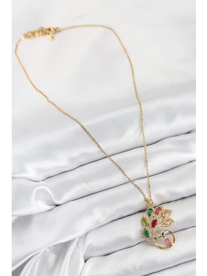 Lokiboo 316L Çelik Zirkon Taşlı Tavus Kuşu Model Gold Renk Kadın Kolye - TJ-BKO10514