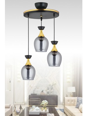 Normadia Modern Siyah Fanus Sarkıt Tepsi Seti, Füme Cam ve Sarı Şerit Detaylı