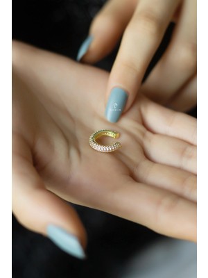 By Barun Üç Sıra Beyaz Taşlı 925 Ayar Gümüş Halka Kıkırdak Küpe Earcuff-Sarı