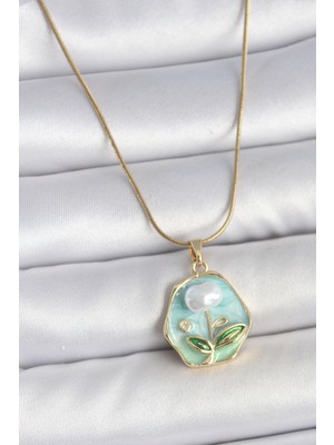 Lokiboo 316L Çelik Gold Renk Zincir Mavi Çiçek Işlemeli Inci Işlemeli Portre Model Kadın Kolye - TJ-BKO10126