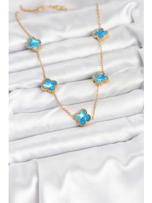 Lokiboo 316L Çelik Zincir Gold Buz Mavisi Renk Yonca Kolye - TJ-BKO10566