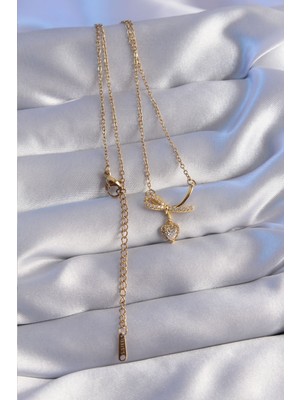 Lokiboo 316L Çelik Zincir Gold Renk Zirkon Taşlı Yarım Fiyonk Kalp Kolye - TJ-BKO8789