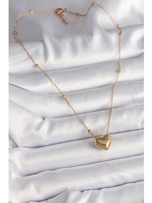 Lokiboo 316L Çelik Gold Renk Topçuk Detaylı Zincir Kalp Model Kadın Kolye - TJ-BKO9772