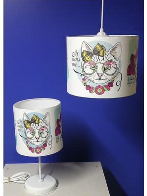 Normadia Şık Kedi Kız Çocuk Odası Avize ve Abajur Seti Beyaz Metal Ayaklı