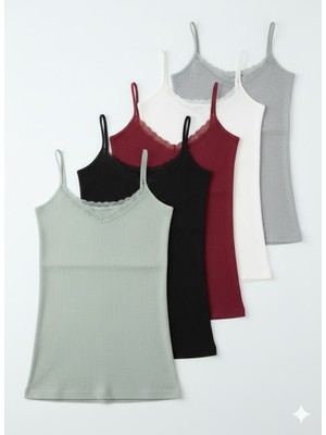 🖤 Woan Comfort 5’li Ribana Askılı Dantelli Atlet Seti