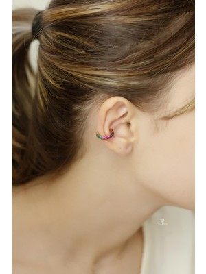 By Barun Renkli Yuvarlak Taşlı 925 Ayar Gümüş Halka Kıkırdak Küpe Earcuff