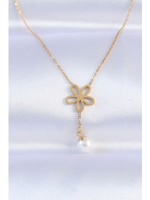 Lokiboo 316L Çelik Zincir Gold Renk Inci Detay Çiçek Kolye - TJ-BKO8730