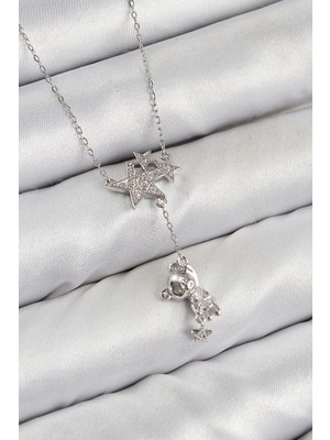 Lokiboo Pirinç Zirkon Taşlı Sallantılı Ayıcıklı Yıldız Model Gümüş Renk Kadın Kolye - TJ-BKO10419