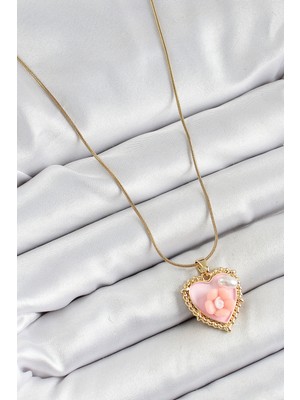 Lokiboo 316L Çelik Zincir Pembe Sanatsal Portre Inci Detaylı Papatya Figürlü Kalp Model Gold Renk Kadın Kolye - TJ-BKO10271