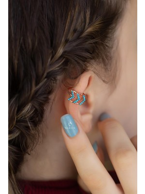 By Barun Yuvarlak Mavi Firuze Taşlı  Ok Model 925 Ayar Halka Gümüş Kıkırdak Küpe Earcuff