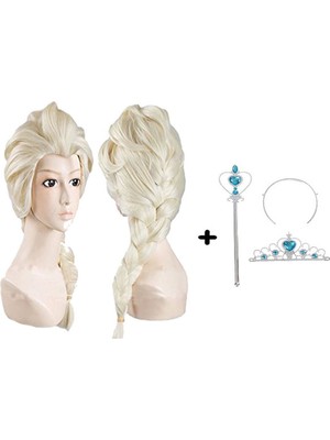 Lokiboo Örgülü Karlar Ülkesi Frozen Elsa Peruğu Tacı ve Sopası Çocuk Boy
