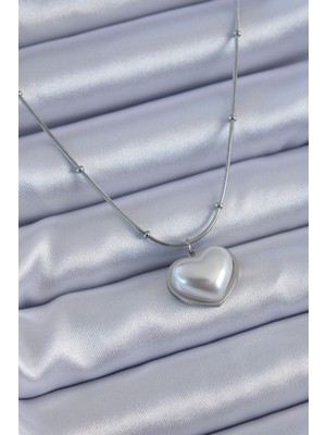 Lokiboo 316L Çelik Gümüş Renk Incili Kalp Model Minimal Top Detay Kadın Kolye - TJ-BKO7614