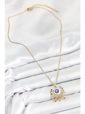 Lokiboo 316L Çelik Zirkon Taşlı Nazar Model Gold Renk Kadın Kolye - TJ-BKO10544