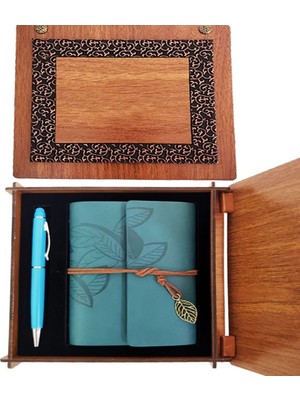 Lokiboo Ahşap Kutulu Mavi Deri Defter Kalem Seti