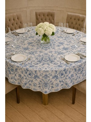 Rona Home Mavi Çiçekli Yuvarlak Masa Örtüsü Kaliteli Dokuma Kumaş Leke Tutmaz Dekoratif Salon Mutfak