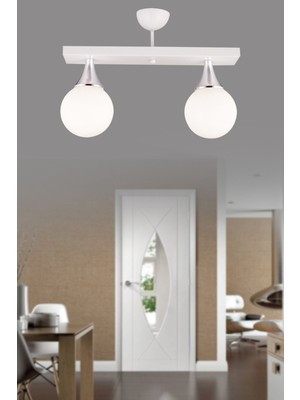 Normadia Modern Beyaz 2'li Sıralı Cam Plafonyer, Krom Detaylı Lüks Avize
