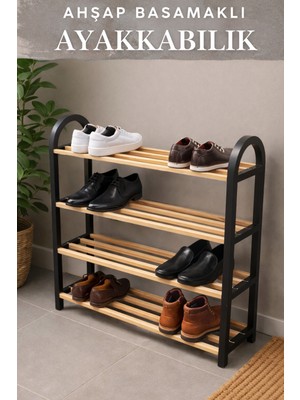 Penthouse Natural Ahşap Çubuklu Masif Ayakkabılık, 8 Kişilik Ayakkabı Organizer
