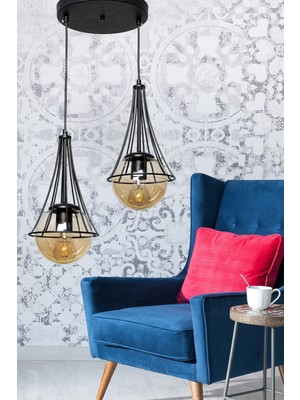 Normadia Şık Siyah-Bal Glop Camlı Lapis 2'li Avize Seti