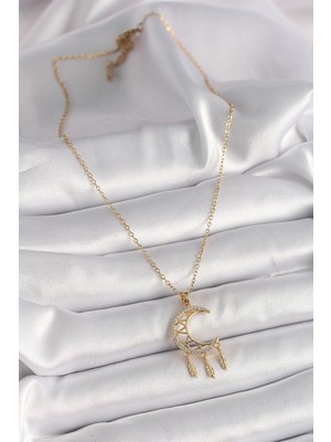 Lokiboo 316L Çelik Gold Renk Zincir Zirkon Taşlı Hilal Model Sallantı Yaprak Detay Kadın Kolye - TJ-BKO9650
