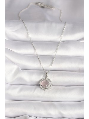Lokiboo 316L Çelik Gümüş Renk Zirkon Taşlı Pembe Sedefli Hilal Model Kadın Kolye - TJ-BKO9701