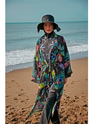 Remsa Mayo Remsa Tesettür Mayo Üzerine Tek Kaftan Kimono Pareo RP004C Yeşil Tavus Kuşu