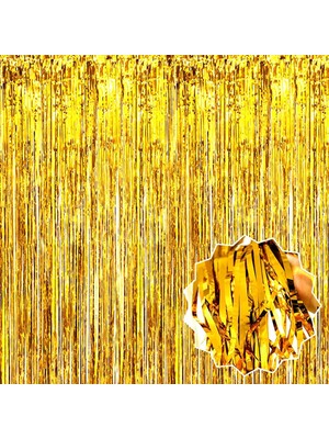 Lokiboo Altın Gold Renk Ekstra Metalize Dkttk Saçaklı Arka Fon Perde Ithal A Kalite 1x2 Metre