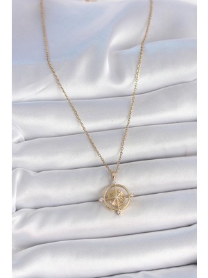 Lokiboo 316L Çelik Gold Renk Zincir Zirkon Taşlı Pusula Model Kadın Kolye - TJ-BKO10039