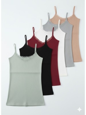 🖤 Woan Comfort 6’li Ribana Askılı Dantelli Atlet Seti