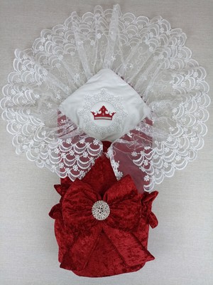 Lokiboo Yenidoğan Saray Kadife Taç Nakışlı Inci Fiyonklu Dantel Duvak Trilüks Kundak Bebek Battaniye