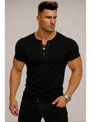 Bybülent Özel Üretim Siyah Ipli Yaka Geniş Yaka Bisiklet Yaka Tişört Tshirt