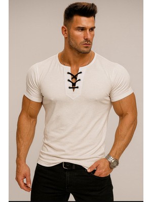 Bybülent Özel Üretim Beyaz Ipli Yaka Geniş Yaka Bisiklet Yaka Tişört Tshirt