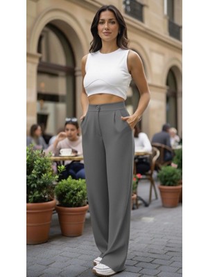 Lusi Store Kadın Gri Çımalı Palazzo Pantolon Oversize Kesim
