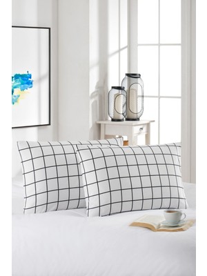 Marla Home 2'li Yastık Kılıfı | Pamuklu | 50X70 cm | Kareli Desen |beyaz