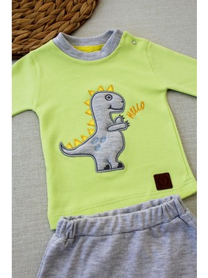 Lokiboo 3-6 6-9 9-12 Ay Minik Dino Nakışlı Şapkalı Uzun Kollu Sweat 3lü Kız-Erkek Bebek Takımı