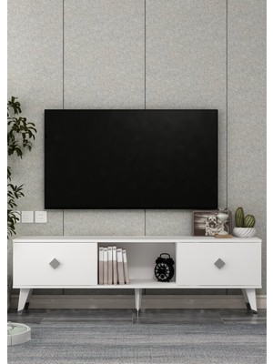 Demonte Decor 1384TV150DD-1 Tv Sehpası-Beyaz-Gümüş