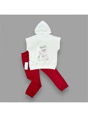 Lokiboo 3-4-5 Yaş Kapşonlu Sevimli Kız Baskılı Kısa Kolu 2li Kız Erkek Çocuk Takımı