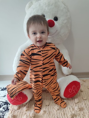 Lokiboo 3-6-9-12 Ay Pooh Desenli Zebra Çizgili Şapkalı Sweatli 3lü Kız Erkek Bebek Tulumu(Sarı)