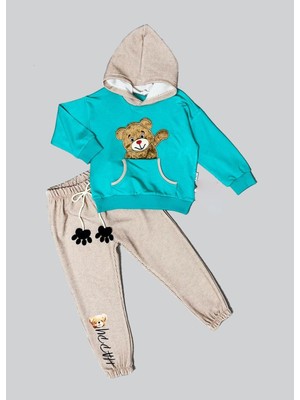 Lokiboo 2-3-4 Yaş Pelüş Ayı Desenli Kapşonlu Uzun Kollu Penye Sweat 2li Erkek Çocuk Takımı