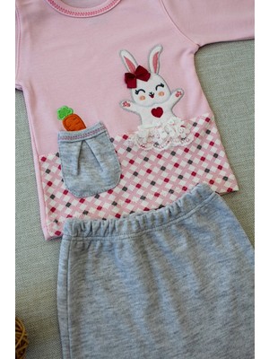 Lokiboo 3-6 9-12 12-18 Ay Havuç Tavşan Nakışlı Bandanalı Cepli Uzun Kollu Sweatli 3lü Kız Bebek Tak