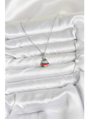 Lokiboo 316L Çelik Zincir Gümüş Ren Çam Ağacı Model Zirkon Taşlı Yılbaşı Temalı Kadın Kolye - TJ-BKO10711