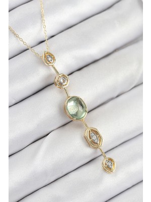 Lokiboo Pirinç Zincir Yeşil Gold Renk Zirkon Taşlı Y Kolye - TJ-BKO10557