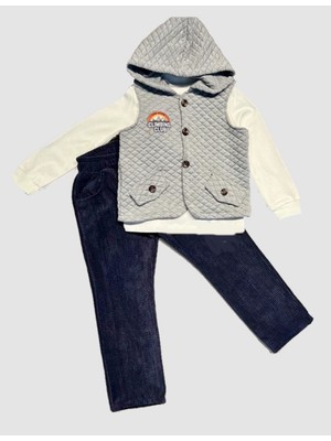 Lokiboo 3-4-5 Yaş Fitilli Kadife Pantolon Kapitone Kapşonlu Yelek Uzun Kollu Sweat 3lü Erkek Çocuk Takımı