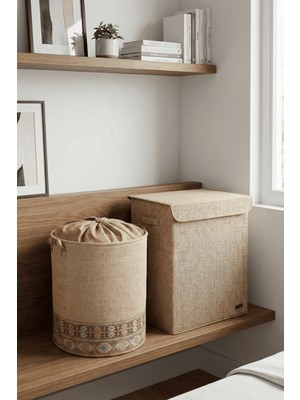 HomyJRs Homyjr’s 2’li Saklama Seti (Kapaklı Büyük Kutu + Fileli Büzgülü Sepet) Jüt Organizer