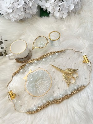 Epoksi Tepsi Şeffaf+Inci Detaylı Damat+Nişan Tepsi Seti