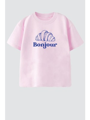Monila Kız Çocuk Pamuklu Bisiklet Yaka Kruvasan Baskılı T-Shirt