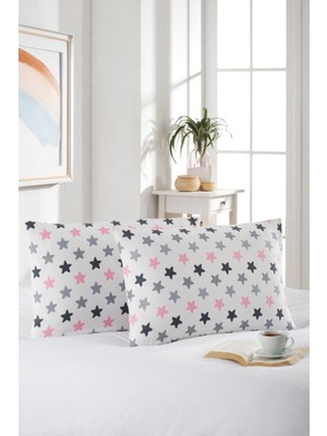 Marla Home 2'li Yastık Kılıfı | Pamuklu | 50X70 cm | Yıldız Desen |pembe-Beyaz