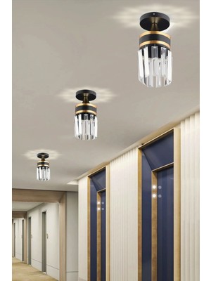 Normadia Şık Siyah Kristal Plafonyer, Sarı Şeritli Silindir Aydınlatma