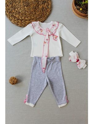 Lokiboo 3-6 6-9 9-12 Ay Matmazel Yaka Fırfır Detaylı Bandanalı Uzun Kollu Sweat 3lü Kız Bebek Takımı